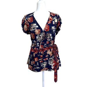 Just Cavalli Womens Floral Wrap Top Italy Navy Blue Short Sleeve Size IT 46 / US